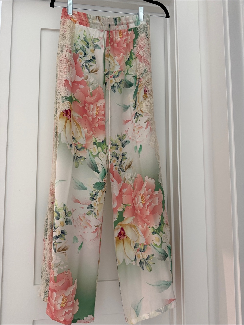 Johnny Was Cream Wide-Leg Pants with Pink and Green Floral Print